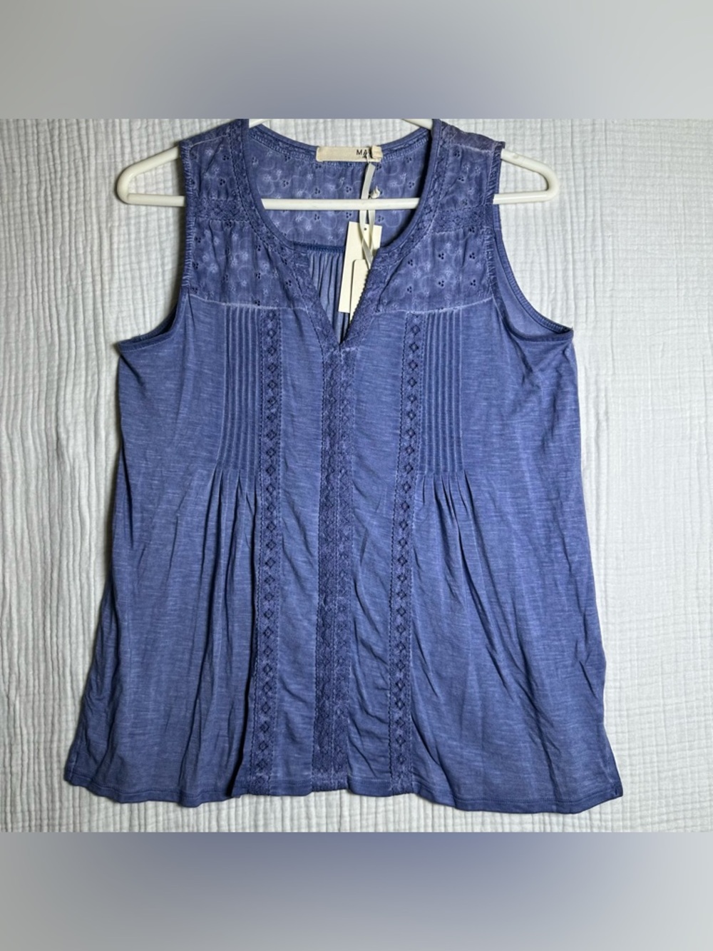 NWT Women’s Sleeveless Pintuck Embroidered Slate Blue  Boho Chic Flowy SHIRT-S